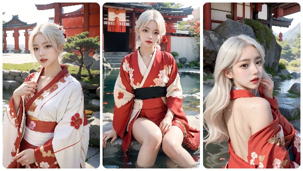 Người mẫu AI xinh đẹp với bộ trang phục Kimono màu đỏ